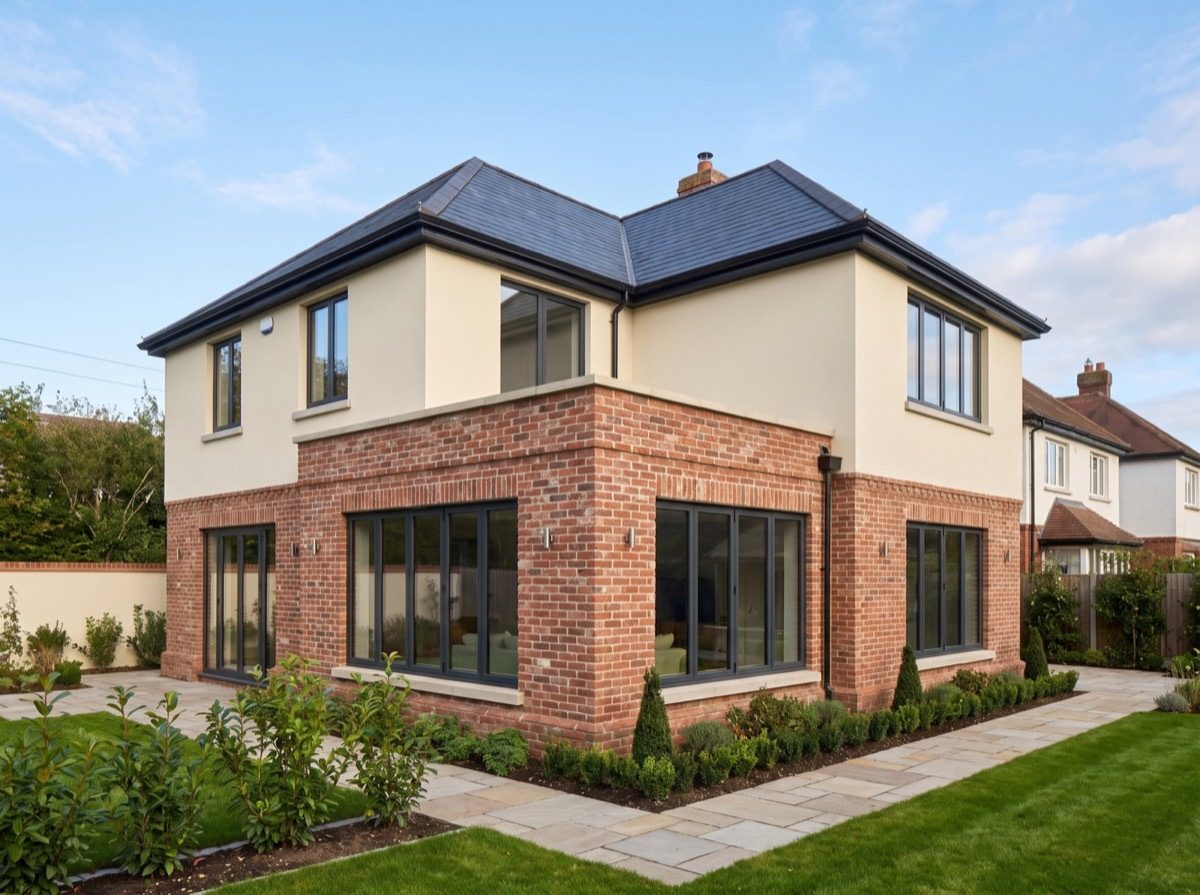 Newly completed brick and render house extension